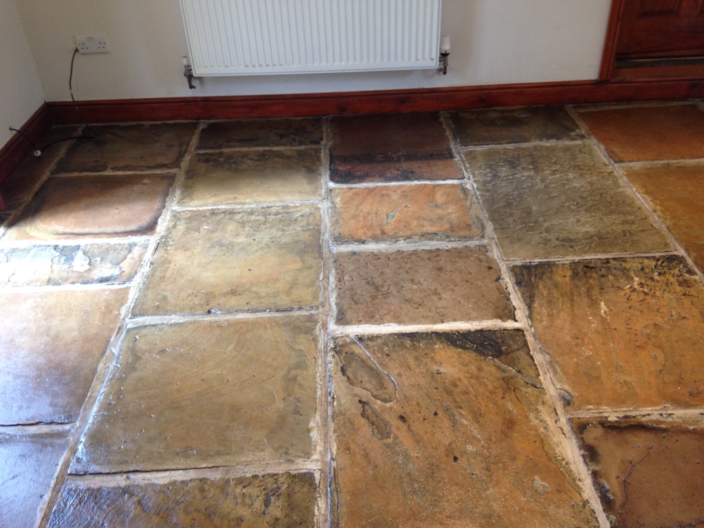 Yorkstone floor after cleaning and sealing in Deepcar Sheffield