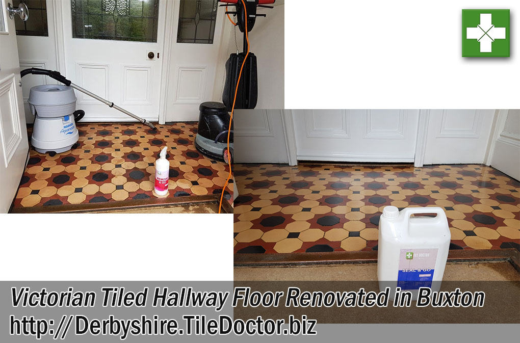 Brown and Cream Victorian Tiled Hallway Floor Before and After Cleaning in Buxton
