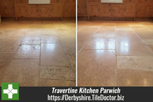 Dirty Travertine Kitchen Floor Deep Cleaned and Polished in Parwich