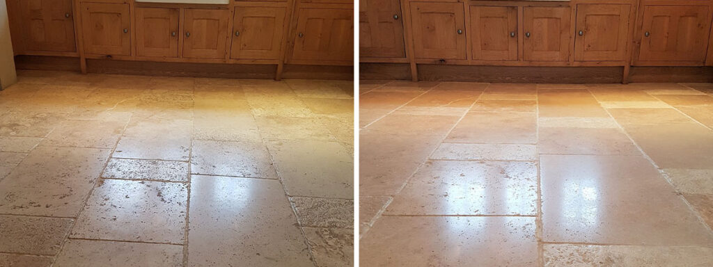 Travertine Kitchen Floor Before and After Cleaning Parwich